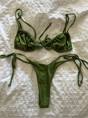 Ruched Olive Green Tie-Side Bikini Set - Women Swim